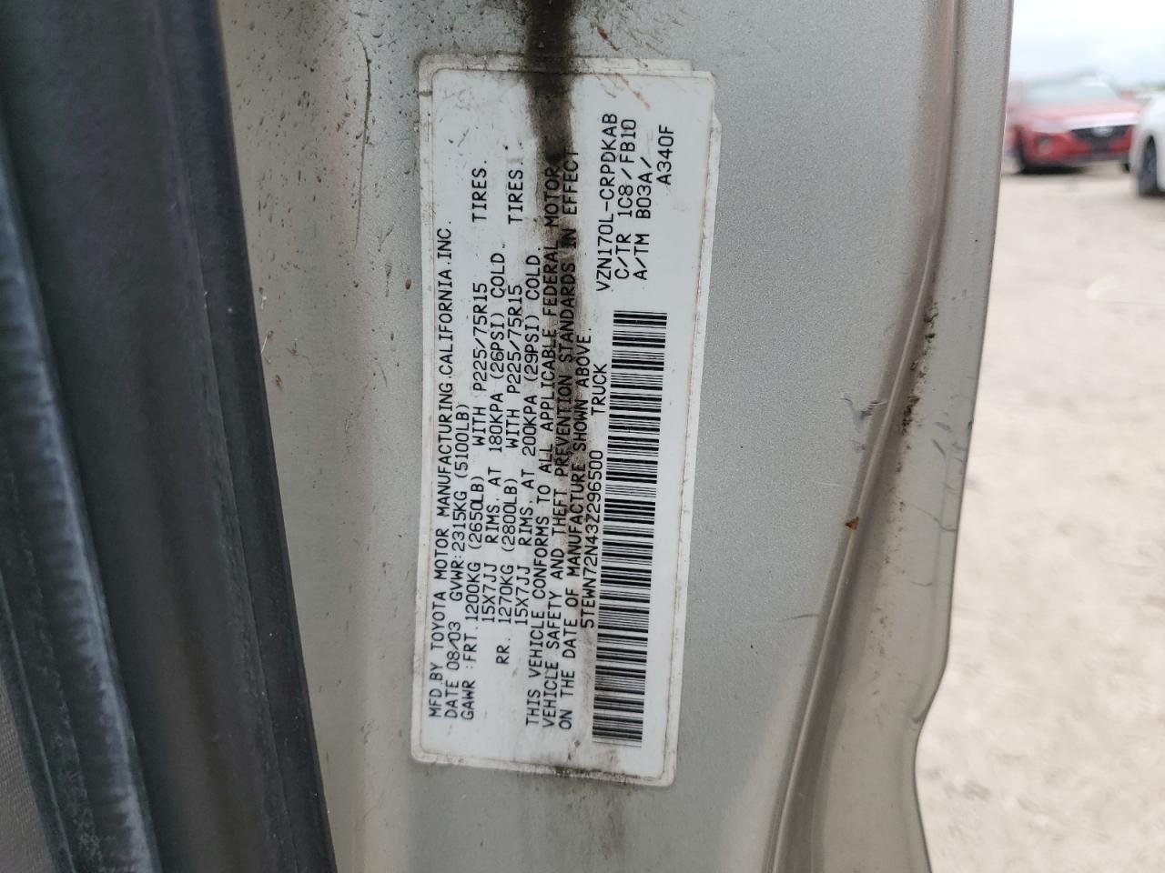 2003 Toyota Tacoma Xtracab VIN: 5TEWN72N43Z296500 Lot: 56123325