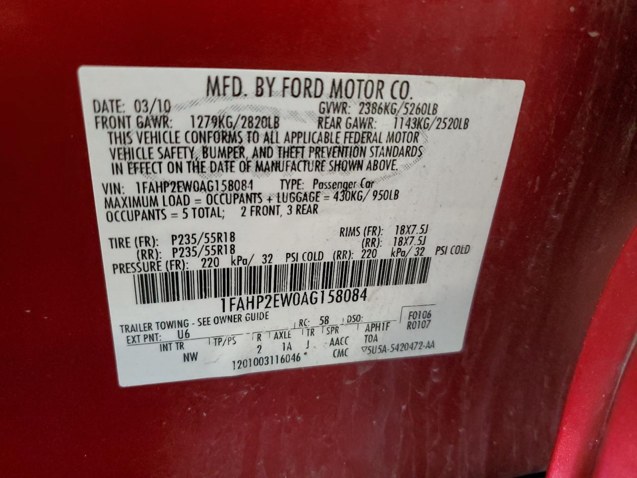 2010 Ford Taurus Sel VIN: 1FAHP2EW0AG158084 Lot: 56856765