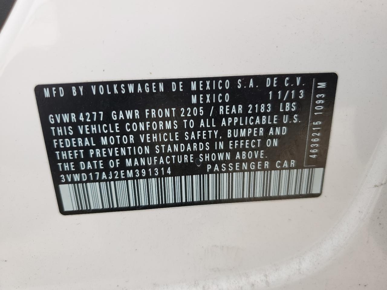 2014 Volkswagen Jetta Se VIN: 3VWD17AJ2EM391314 Lot: 57357575