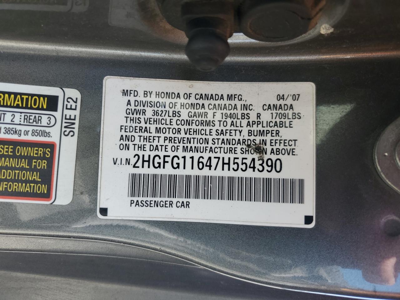 2007 Honda Civic Lx VIN: 2HGFG11647H554390 Lot: 57299725