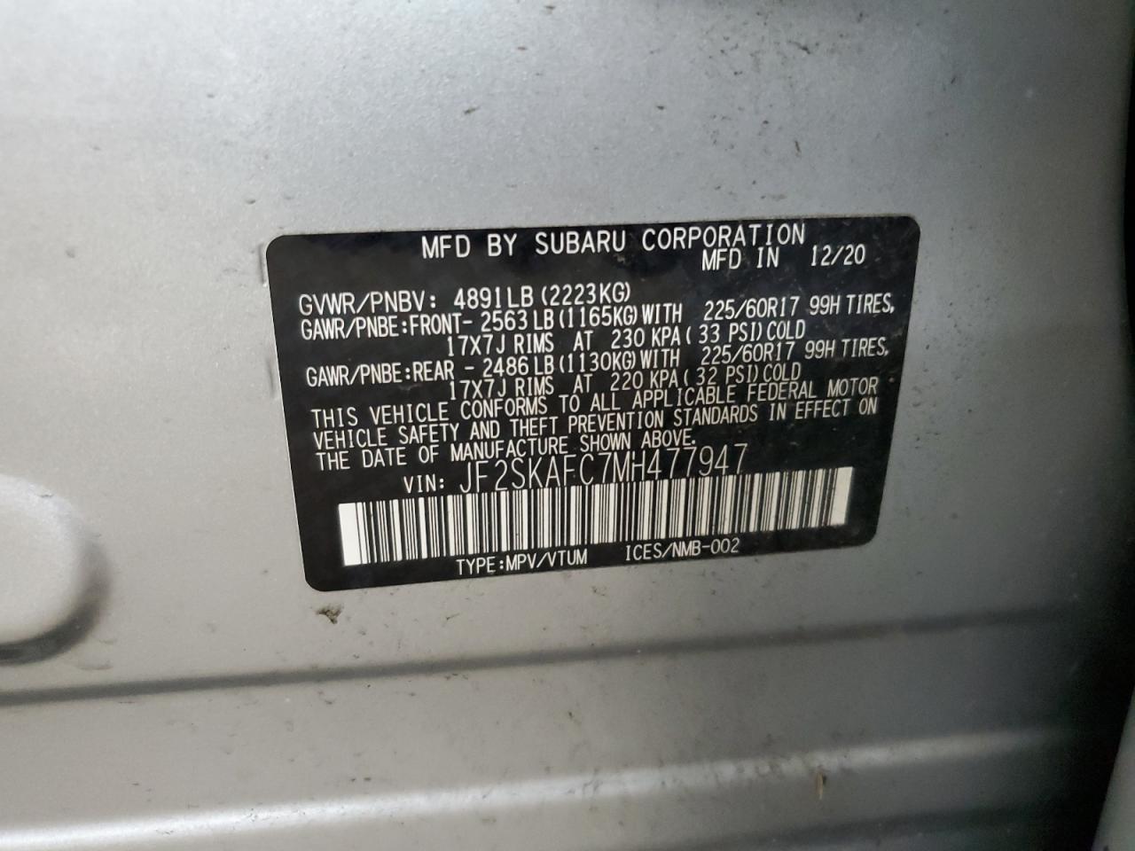 2021 Subaru Forester Premium VIN: JF2SKAFC7MH477947 Lot: 56586465