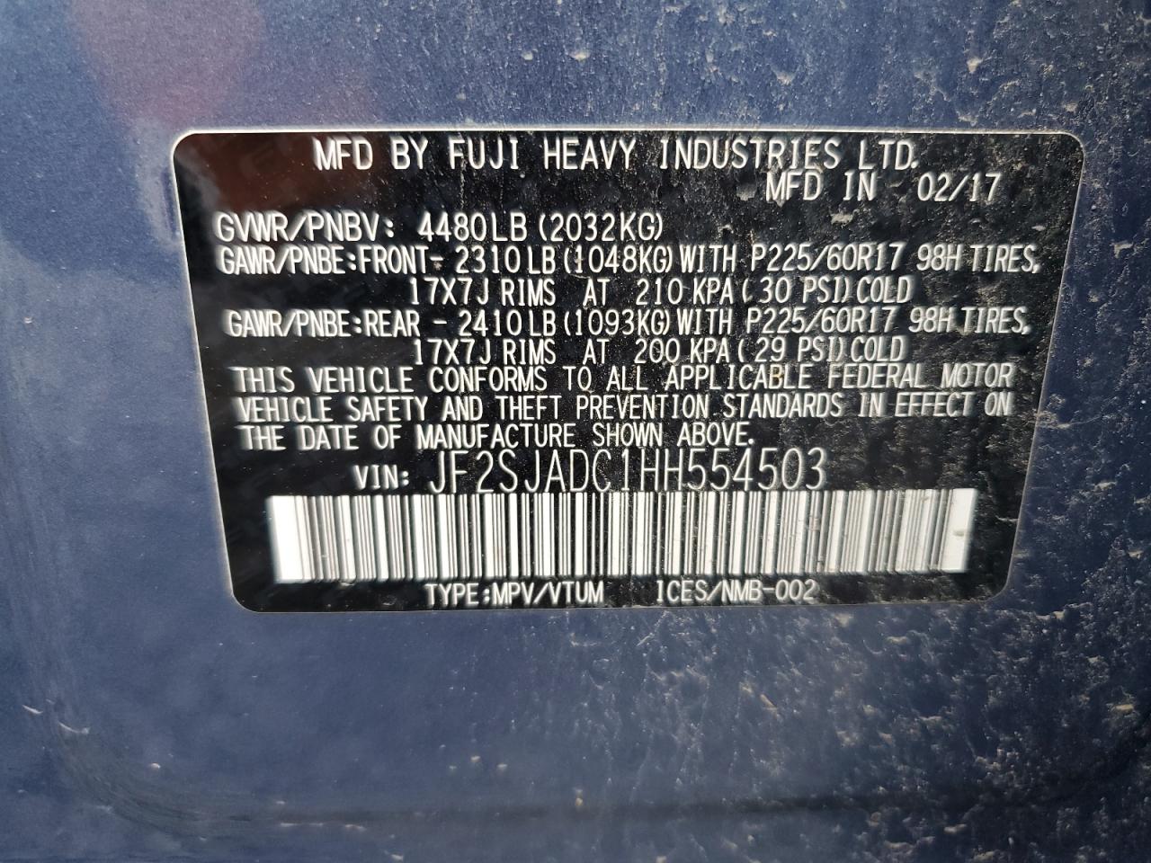2017 Subaru Forester 2.5I Premium VIN: JF2SJADC1HH554503 Lot: 57035315