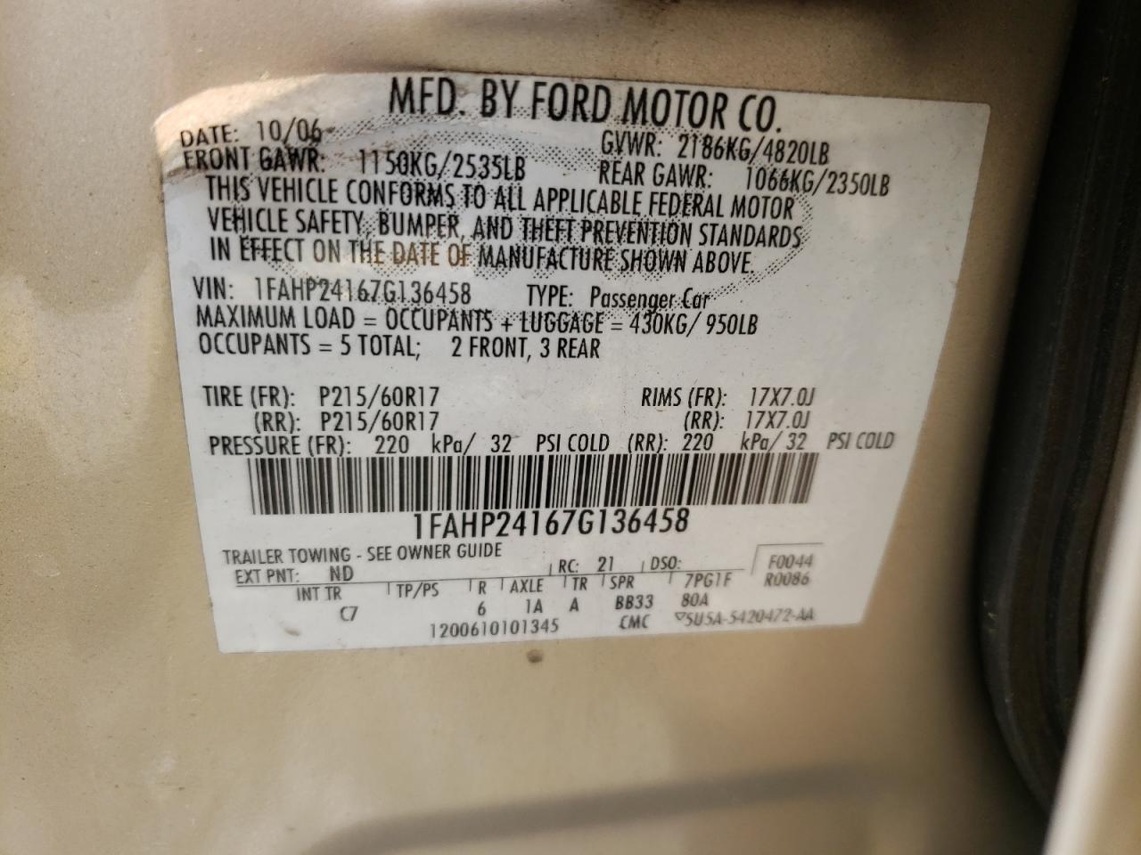 2007 Ford Five Hundred Sel VIN: 1FAHP24167G136458 Lot: 55126175