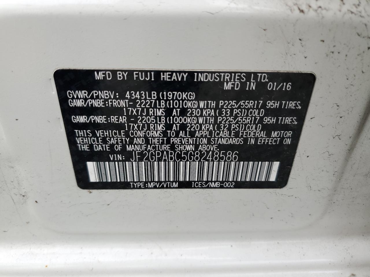 2016 Subaru Crosstrek Premium VIN: JF2GPABC5G8248586 Lot: 57291285