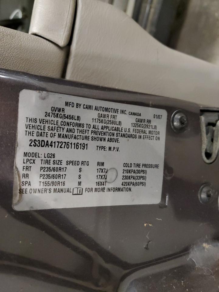 2007 Suzuki Xl7 Luxury VIN: 2S3DA417276116191 Lot: 56076195