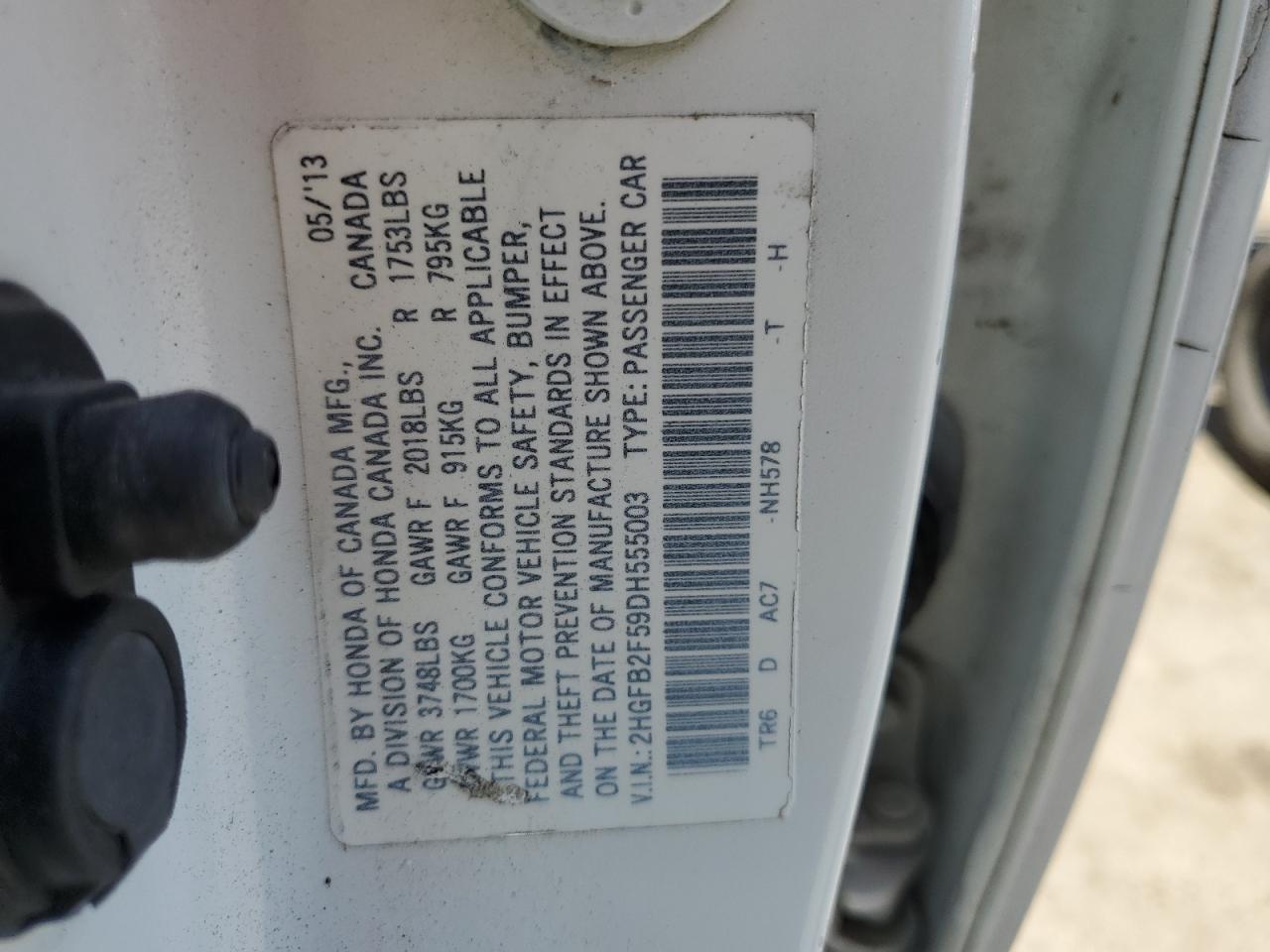 2013 Honda Civic Lx VIN: 2HGFB2F59DH555003 Lot: 57050665