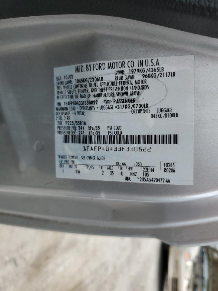 2003 Ford Mustang VIN: 1FAFP40433F330822 Lot: 57473325