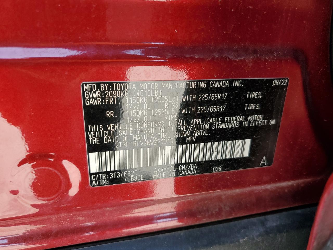 2022 Toyota Rav4 Le VIN: 2T3H1RFV2NW221013 Lot: 56740385