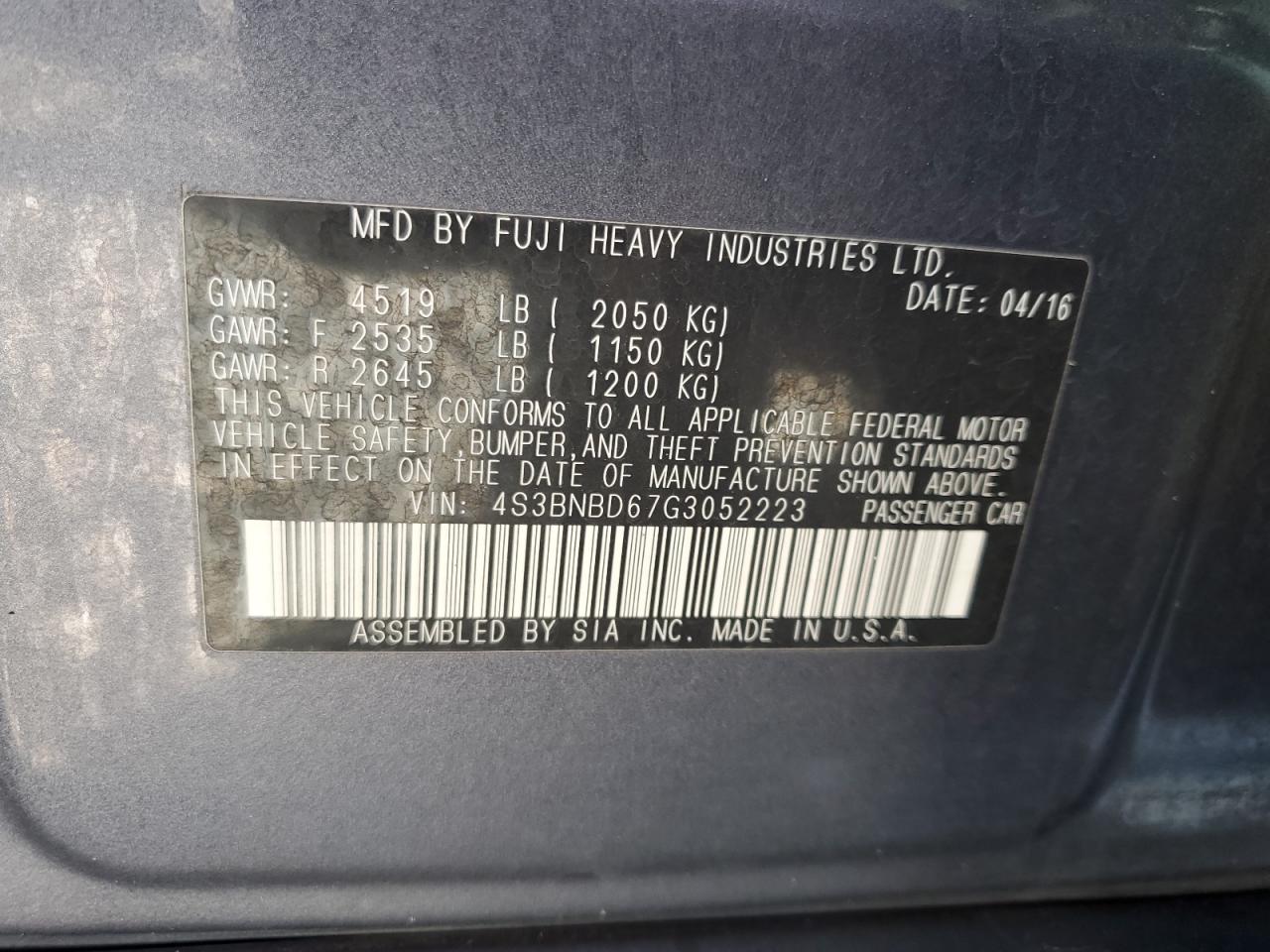 2016 Subaru Legacy 2.5I Premium VIN: 4S3BNBD67G3052223 Lot: 56710165