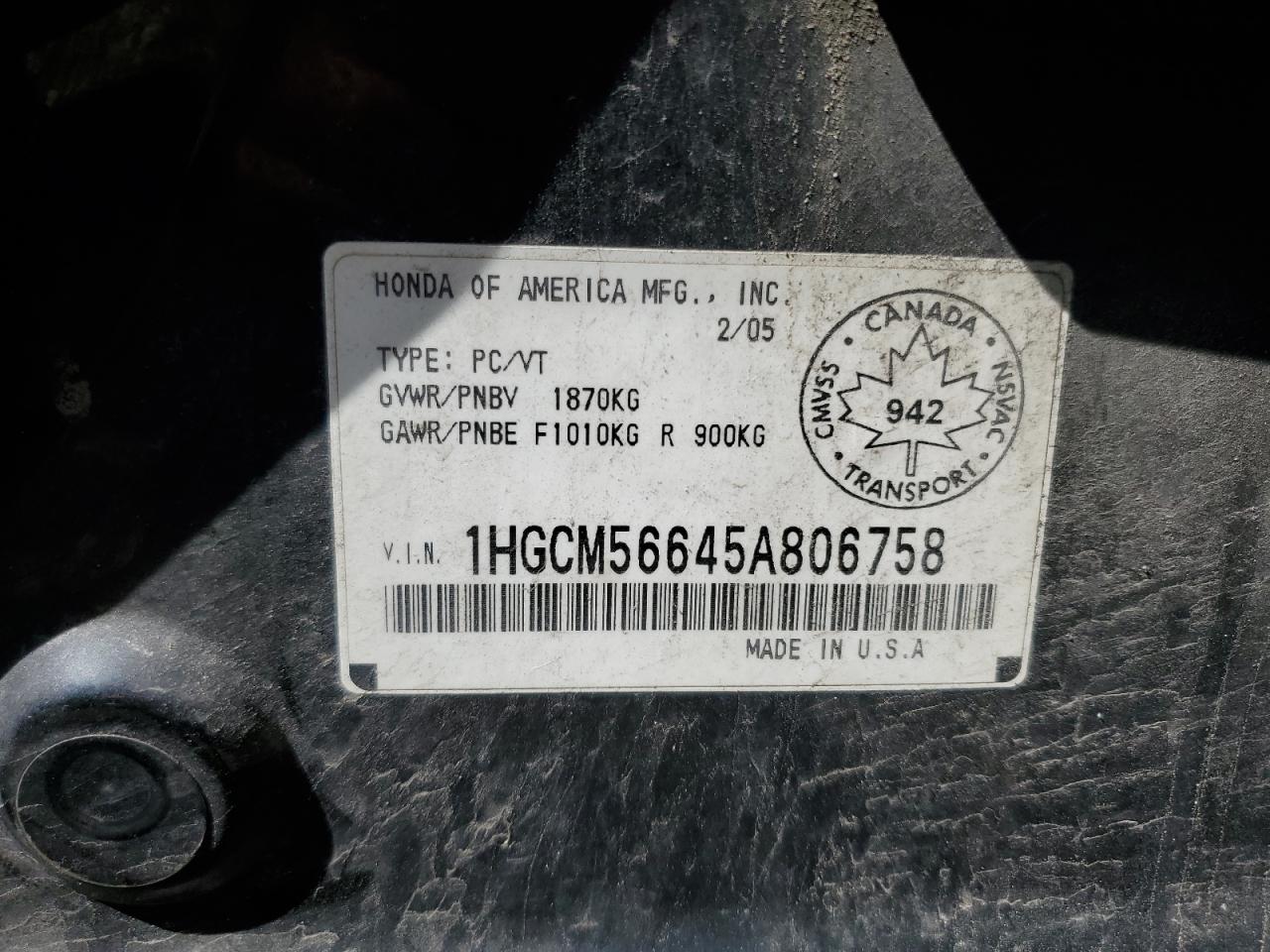 2005 Honda Accord Ex VIN: 1HGCM56645A806758 Lot: 59185895