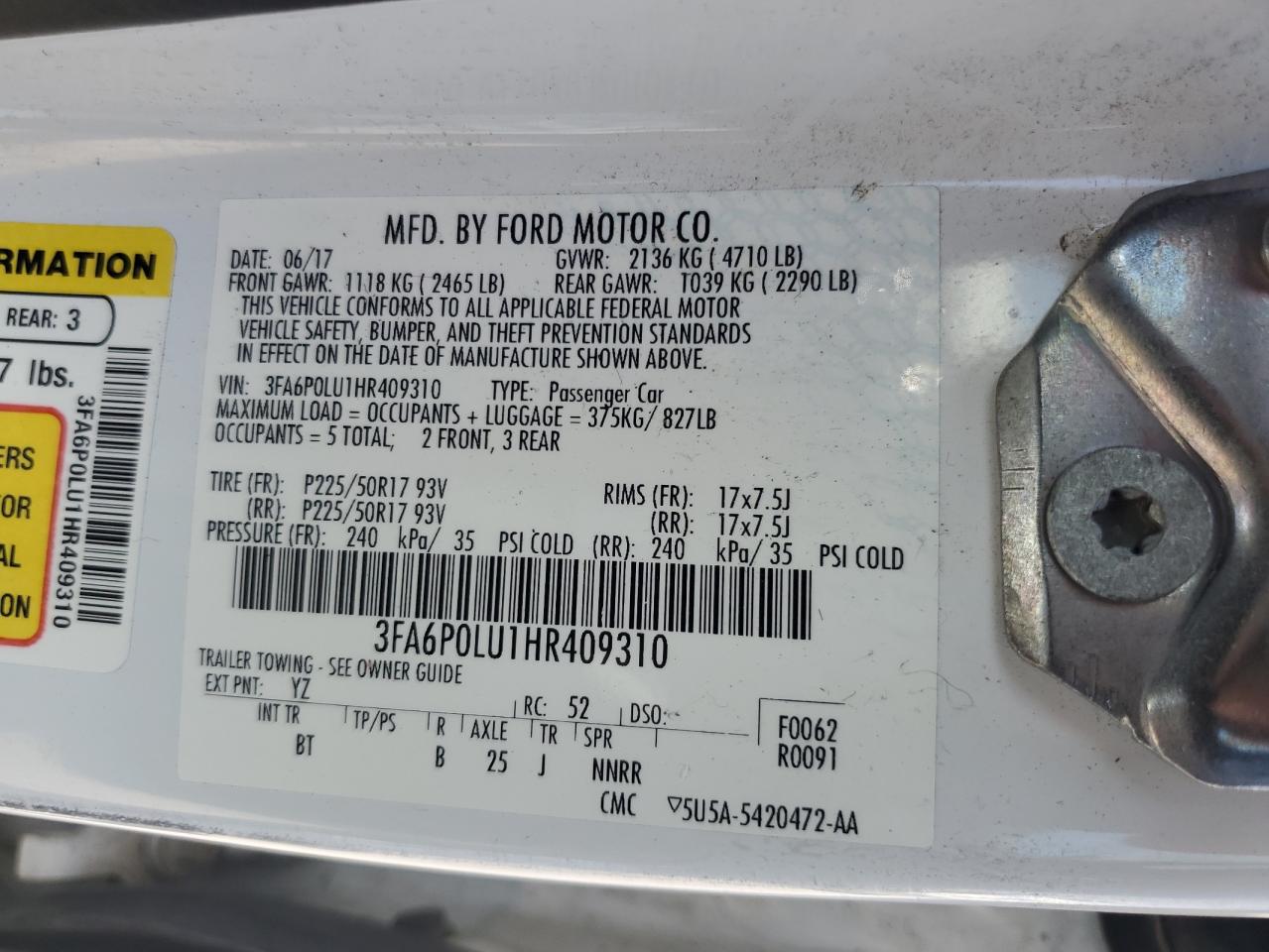 2017 Ford Fusion Se Hybrid VIN: 3FA6P0LU1HR409310 Lot: 84786085