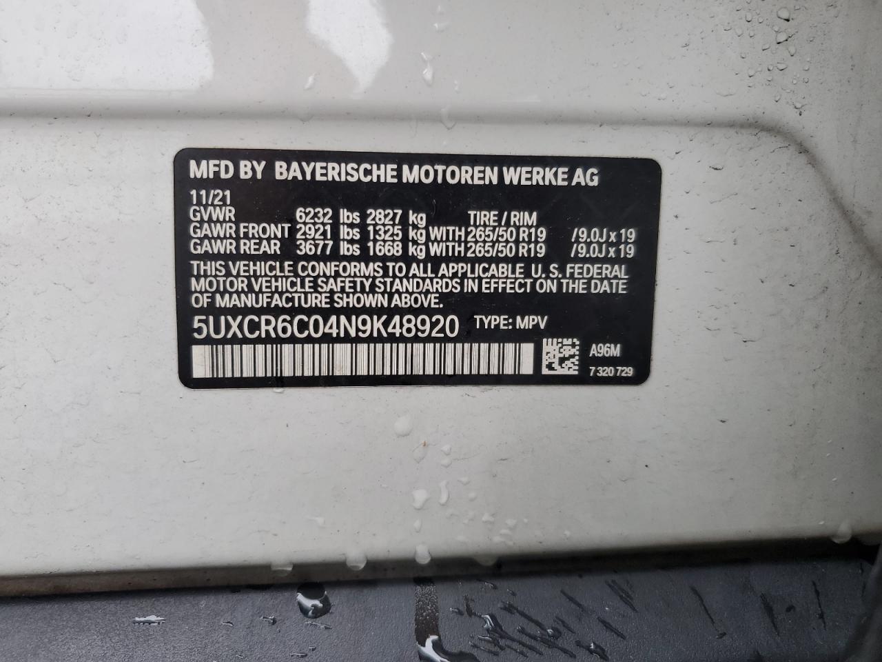 2022 BMW X5 xDrive40I VIN: 5UXCR6C04N9K48920 Lot: 56966845