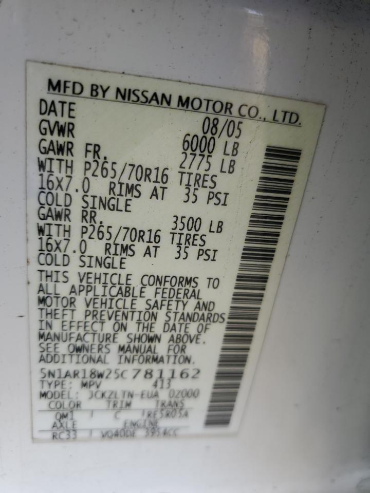 2005 Nissan Pathfinder Le VIN: 5N1AR18W25C781162 Lot: 56967295