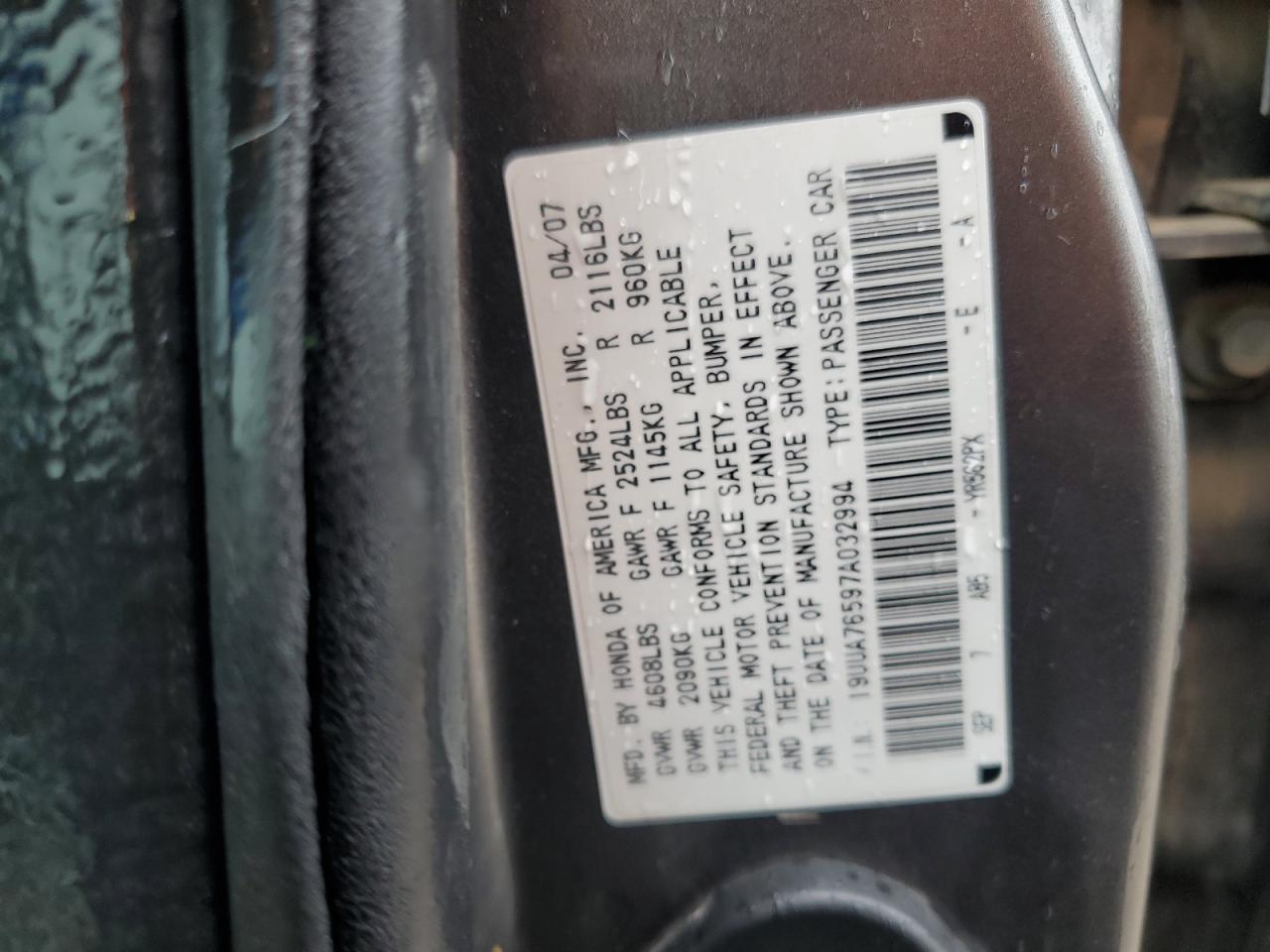 2007 Acura Tl Type S VIN: 19UUA76597A032994 Lot: 55936425