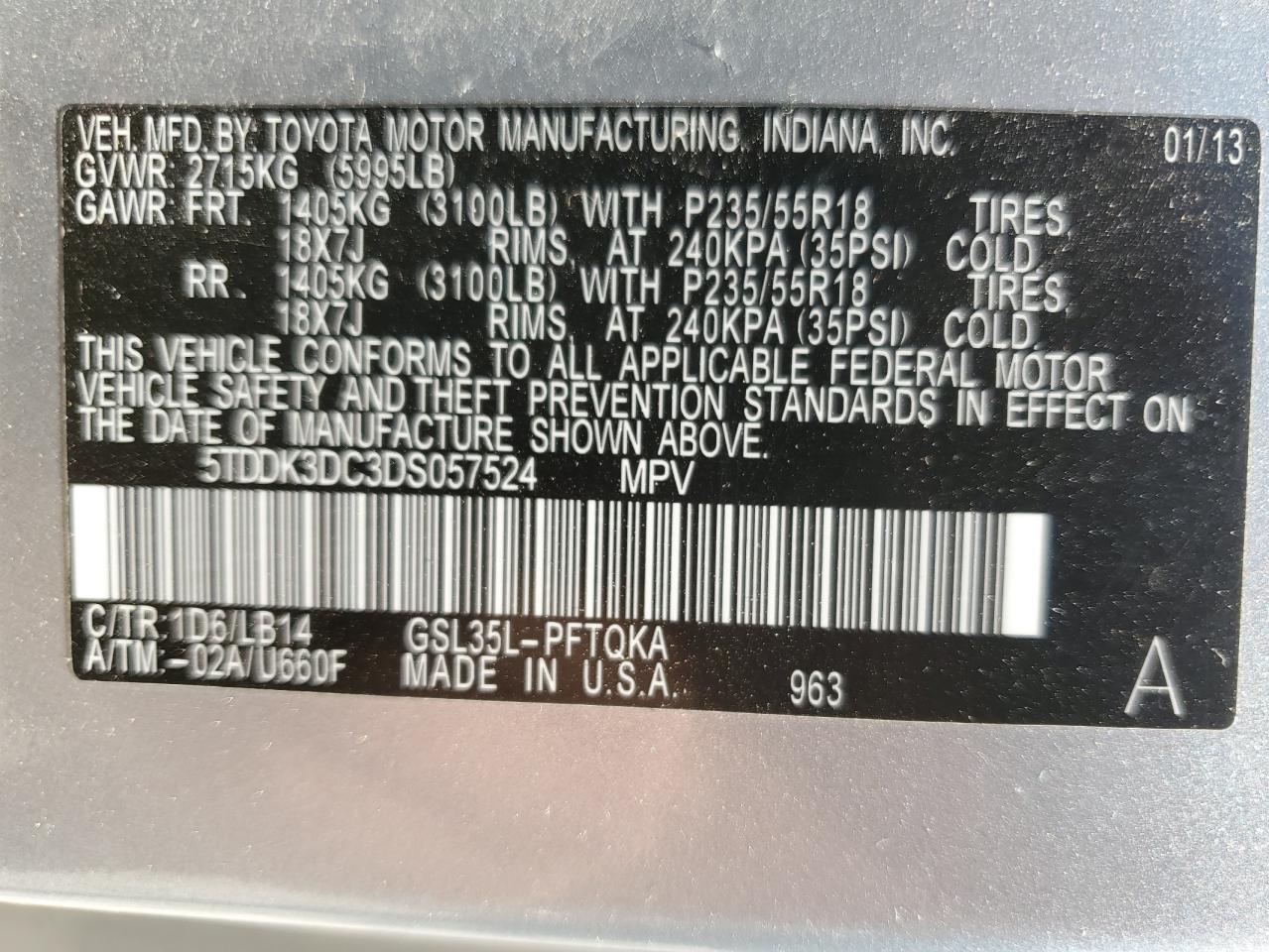 2013 Toyota Sienna Xle VIN: 5TDDK3DC3DS057524 Lot: 56683655