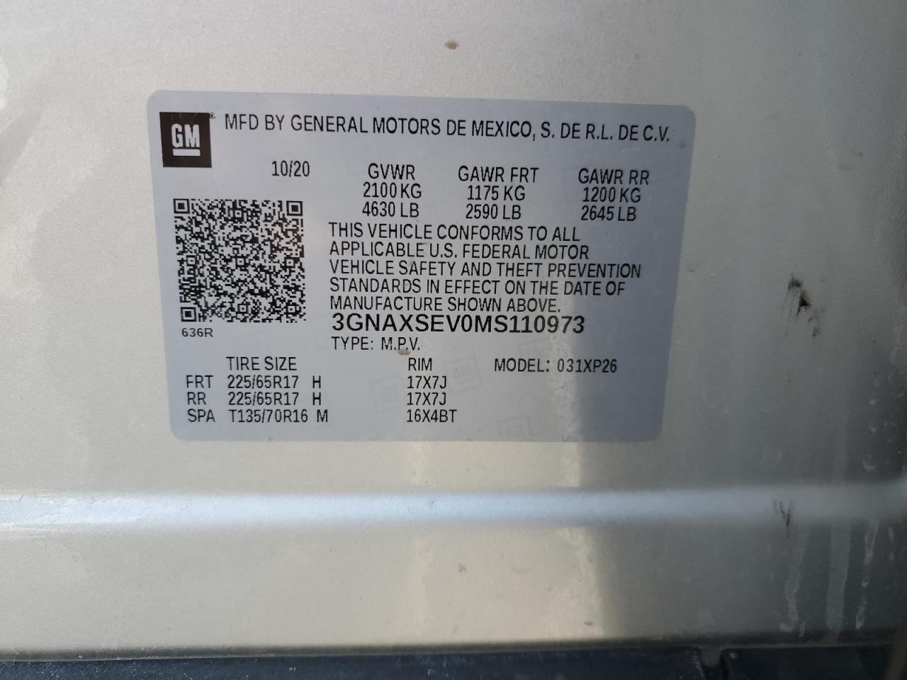 2021 Chevrolet Equinox Ls VIN: 3GNAXSEV0MS110973 Lot: 56124605