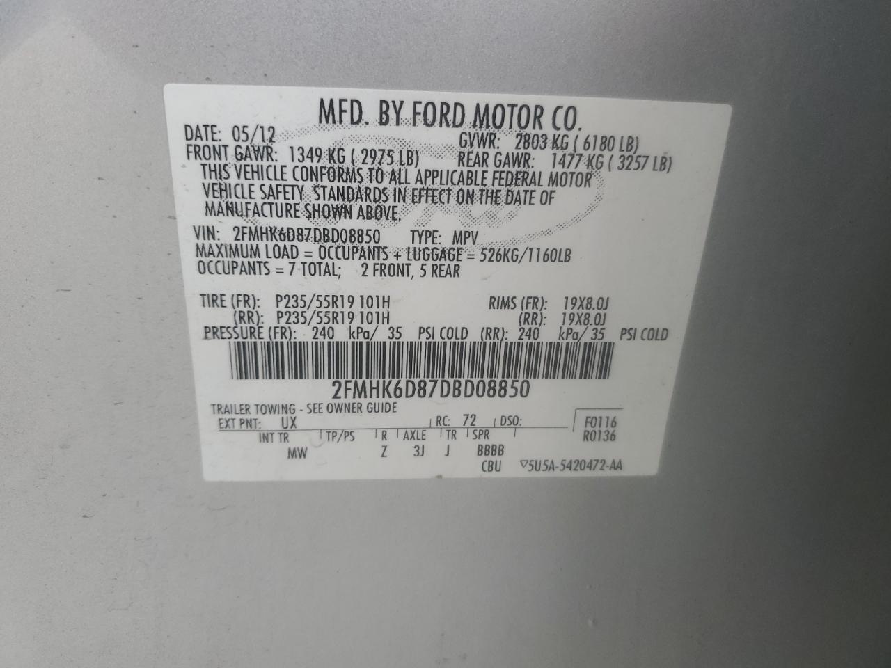 2013 Ford Flex Limited VIN: 2FMHK6D87DBD08850 Lot: 57444785
