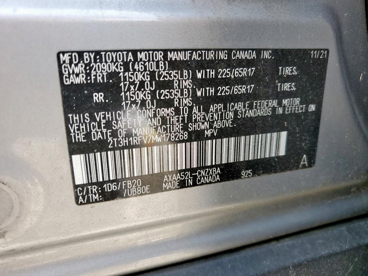 2021 Toyota Rav4 Le VIN: 2T3H1RFV7MW178268 Lot: 56732925