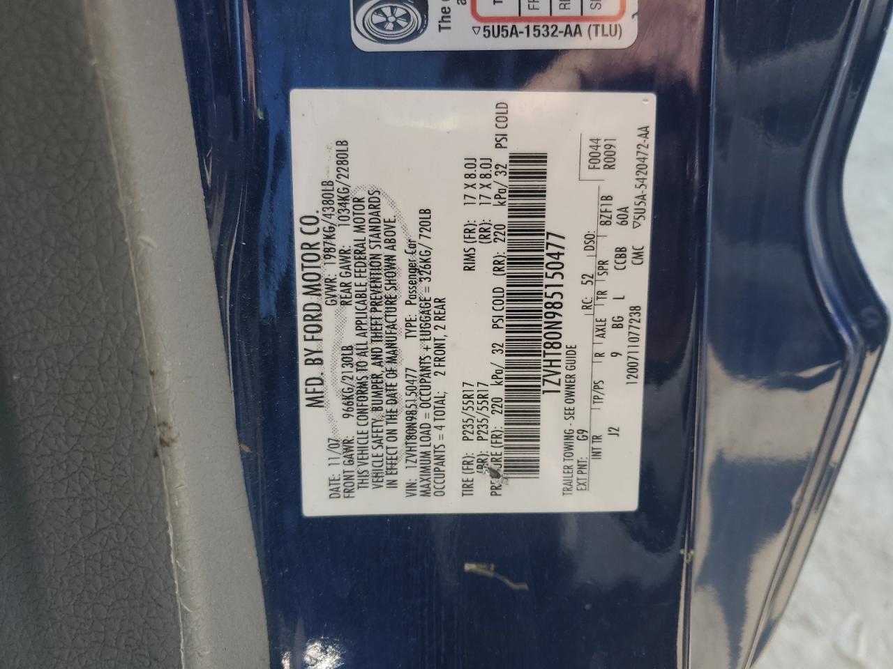 2008 Ford Mustang VIN: 1ZVHT80N985150477 Lot: 56712905