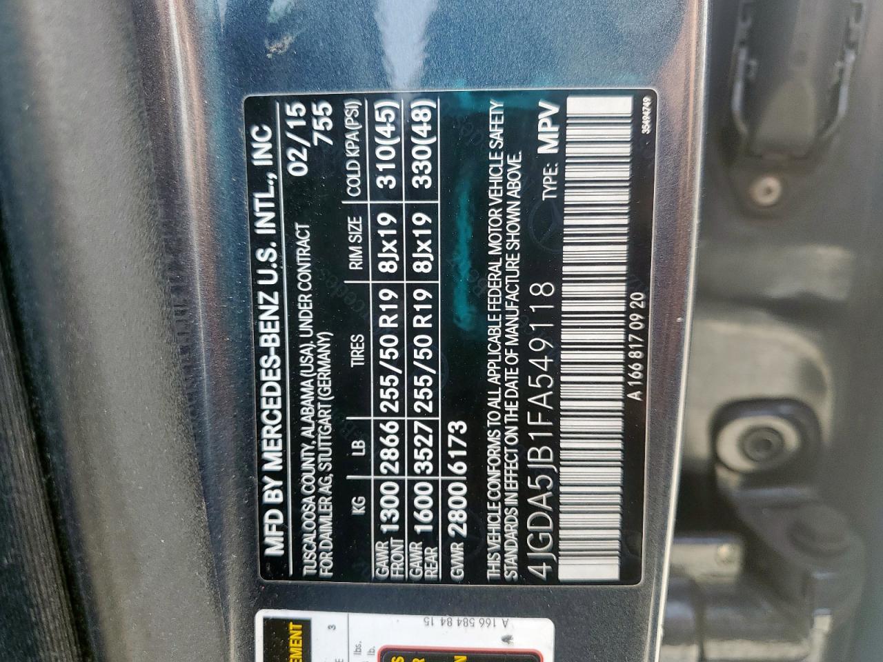 2015 Mercedes-Benz Ml 350 VIN: 4JGDA5JB1FA549118 Lot: 56666645