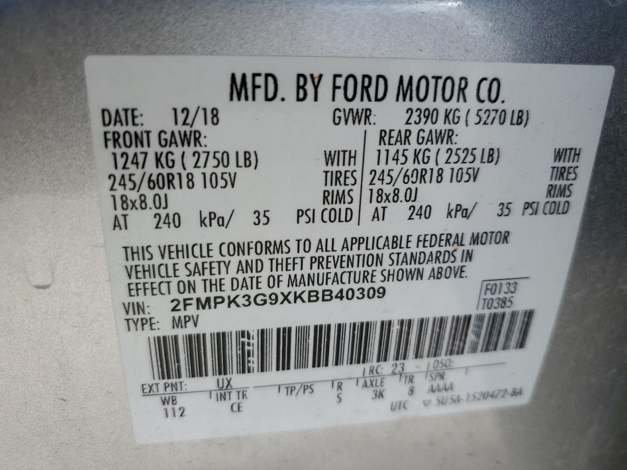 2019 Ford Edge Se VIN: 2FMPK3G9XKBB40309 Lot: 57657635