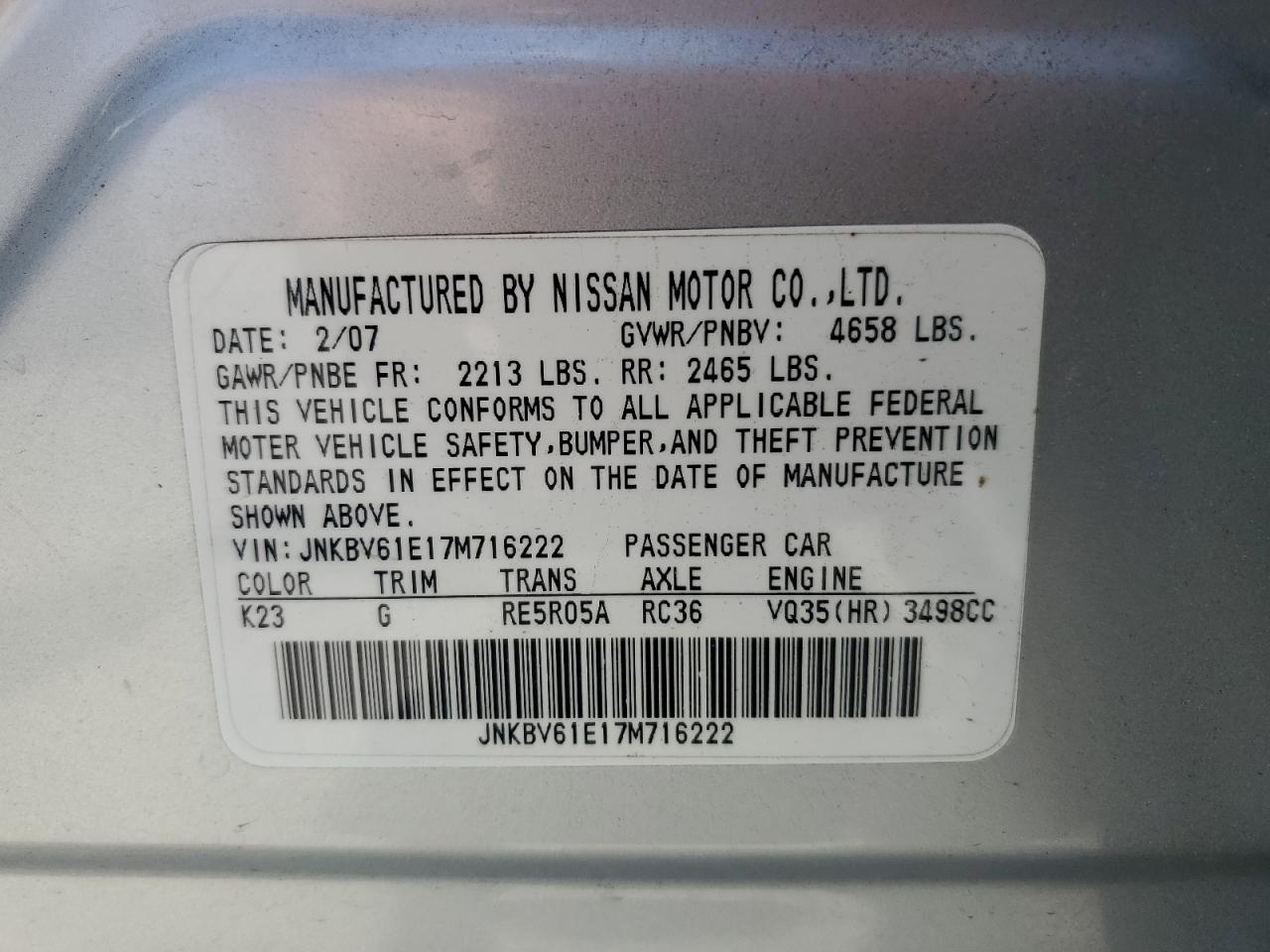 2007 Infiniti G35 VIN: JNKBV61E17M716222 Lot: 57000465