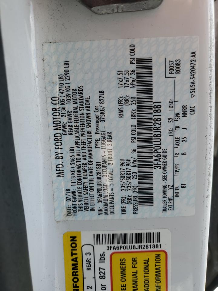 2018 Ford Fusion Se Hybrid VIN: 3FA6P0LU8JR281881 Lot: 54028615