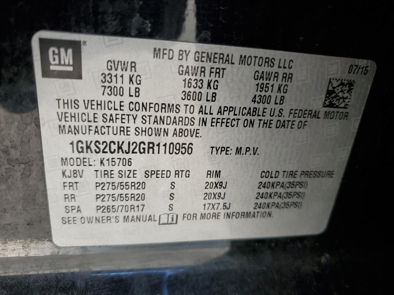 2016 GMC Yukon Denali VIN: 1GKS2CKJ2GR110956 Lot: 56489005