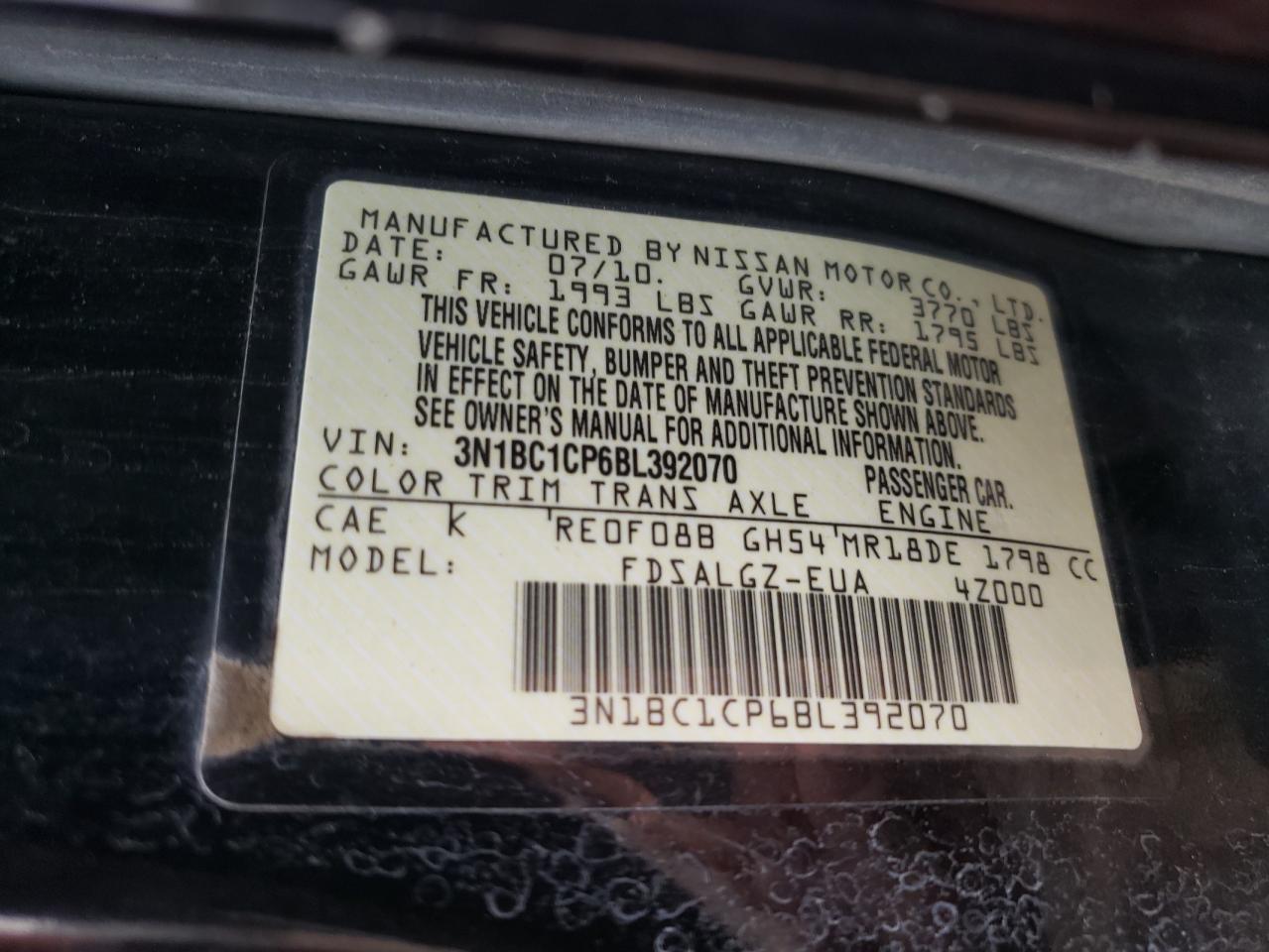 2011 Nissan Versa S VIN: 3N1BC1CP6BL392070 Lot: 56977485