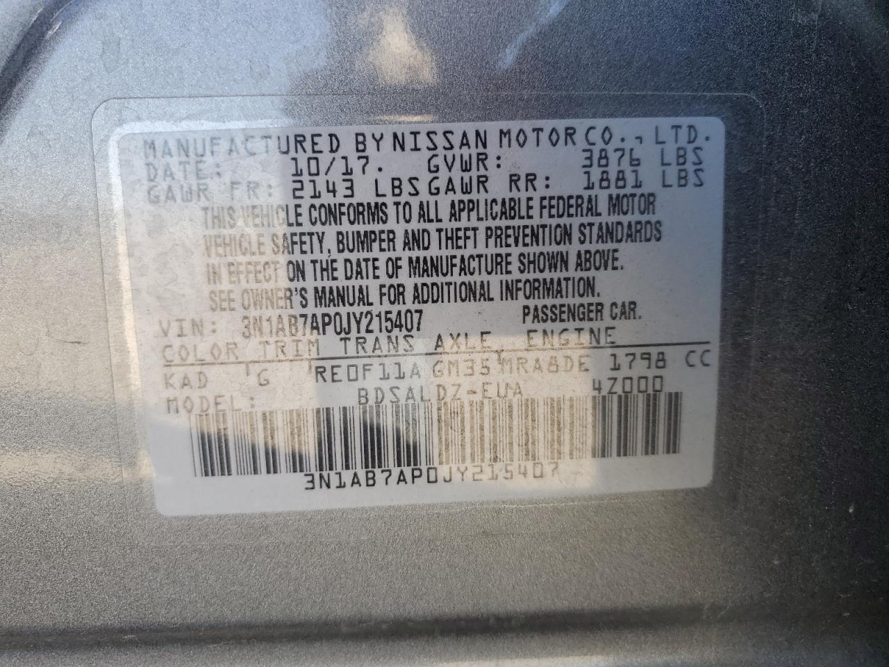 2018 Nissan Sentra S VIN: 3N1AB7AP0JY215407 Lot: 55459395