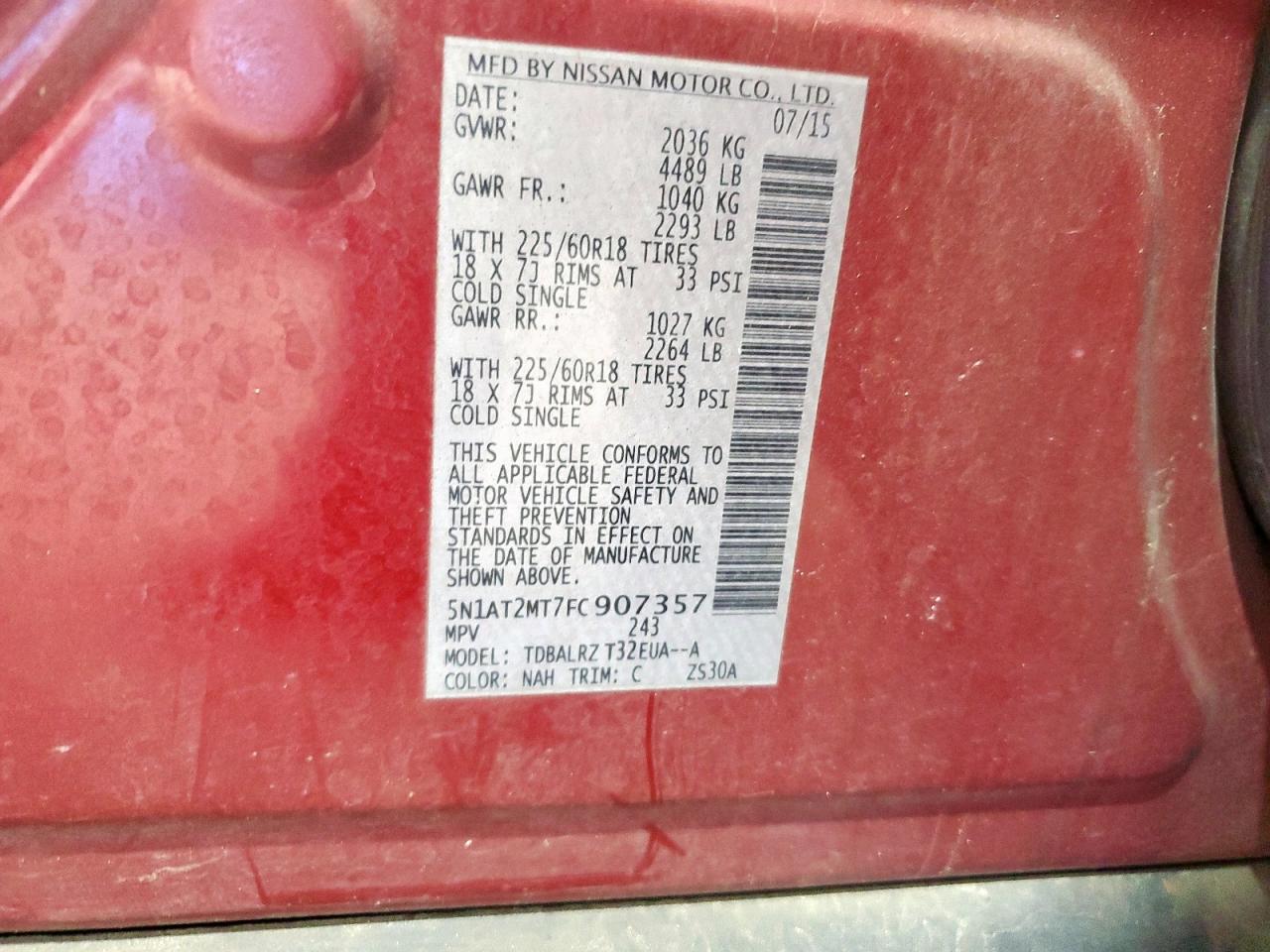 2015 Nissan Rogue S VIN: 5N1AT2MT7FC907357 Lot: 56847665