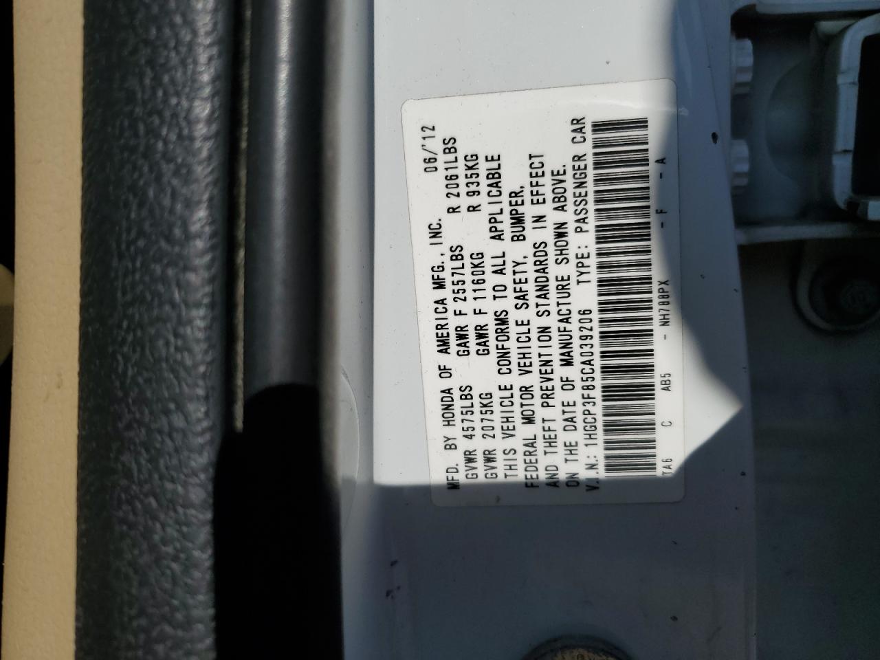 2012 Honda Accord Exl VIN: 1HGCP3F85CA039206 Lot: 59006675