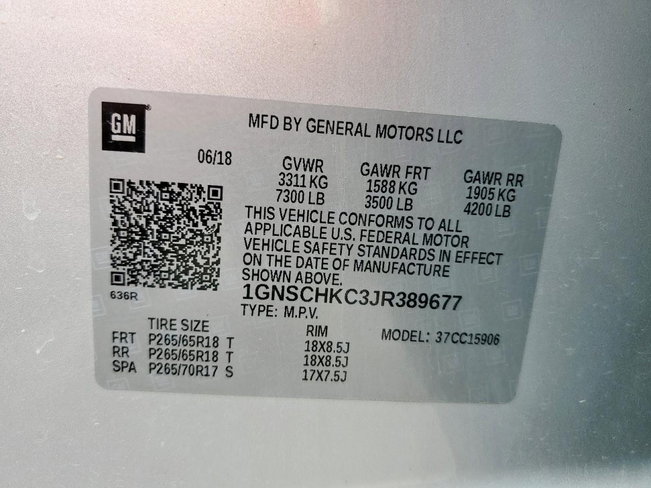 2018 Chevrolet Suburban C1500 Lt VIN: 1GNSCHKC3JR389677 Lot: 54857665