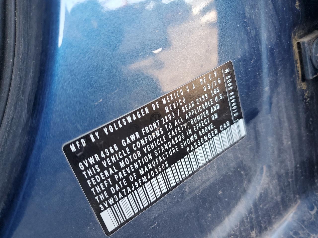 2015 Volkswagen Jetta Tdi VIN: 3VW3A7AJ9FM403603 Lot: 57443995