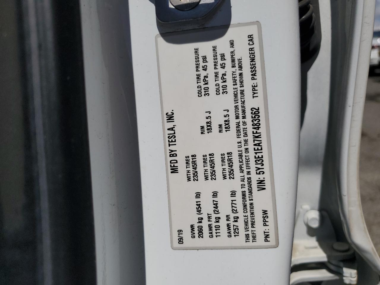 2019 Tesla Model 3 VIN: 5YJ3E1EA7KF483562 Lot: 57085025