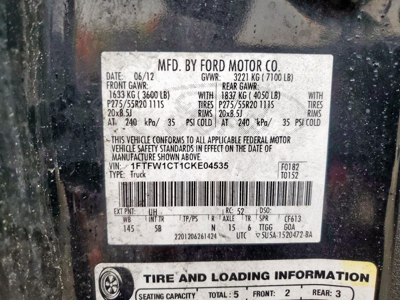 2012 Ford F150 Supercrew VIN: 1FTFW1CT1CKE04535 Lot: 58917465