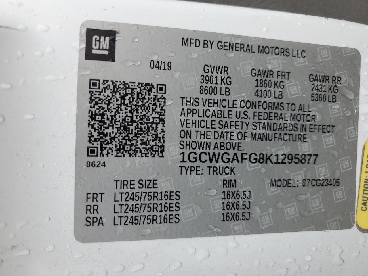 2019 Chevrolet Express G2500 VIN: 1GCWGAFG8K1295877 Lot: 56533735