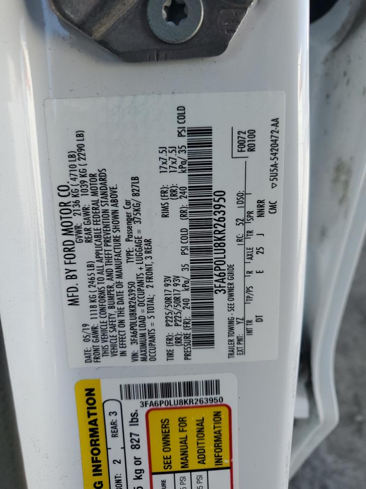 2019 Ford Fusion Se VIN: 3FA6P0LU8KR263950 Lot: 54025575