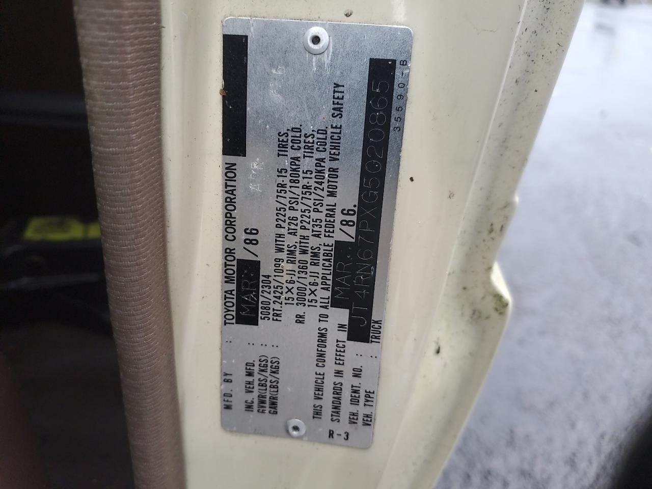 1986 Toyota Pickup Xtracab Rn67 Dlx VIN: JT4RN67PXG5020865 Lot: 56766785