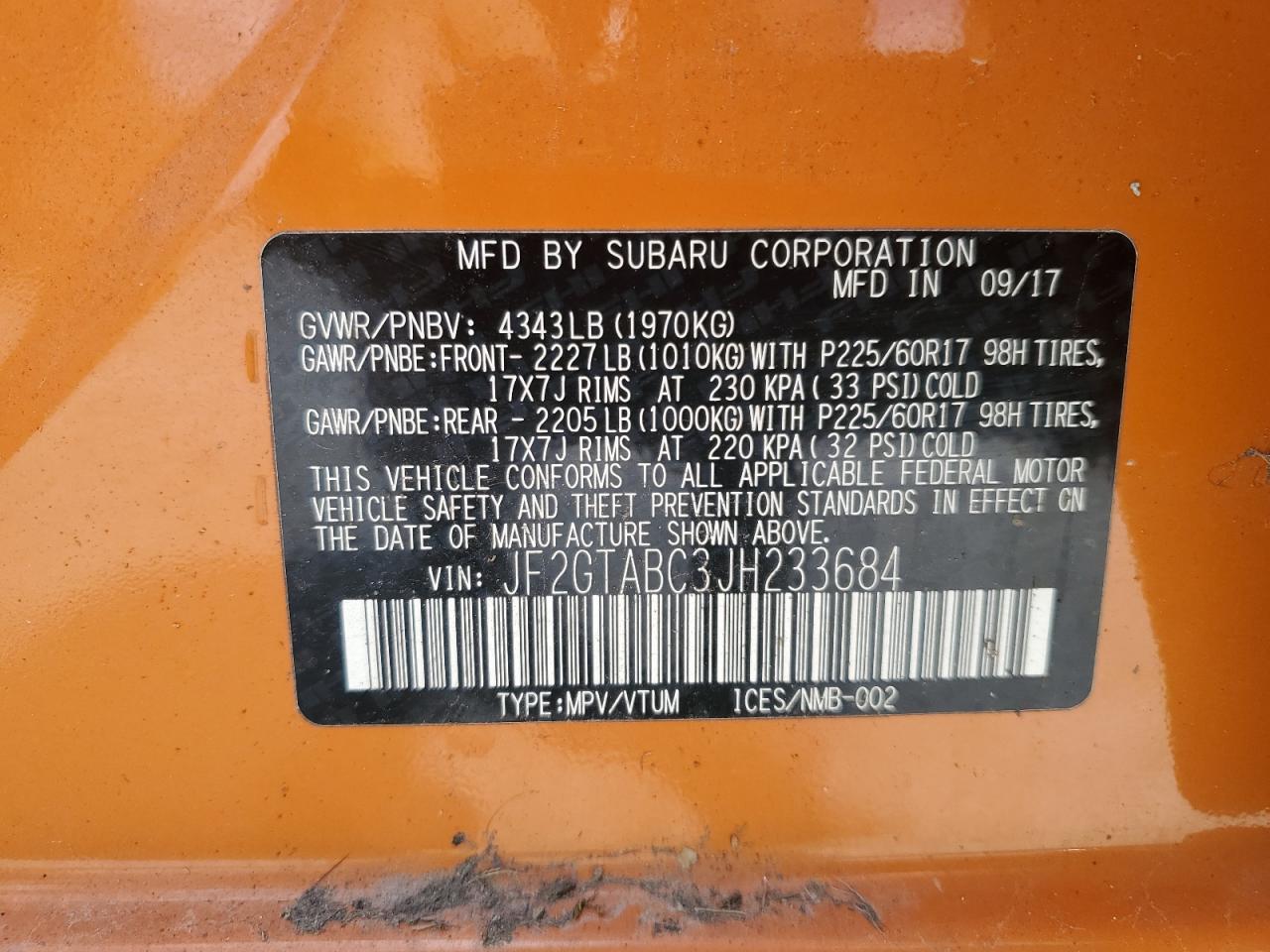2018 Subaru Crosstrek Premium VIN: JF2GTABC3JH233684 Lot: 55931455