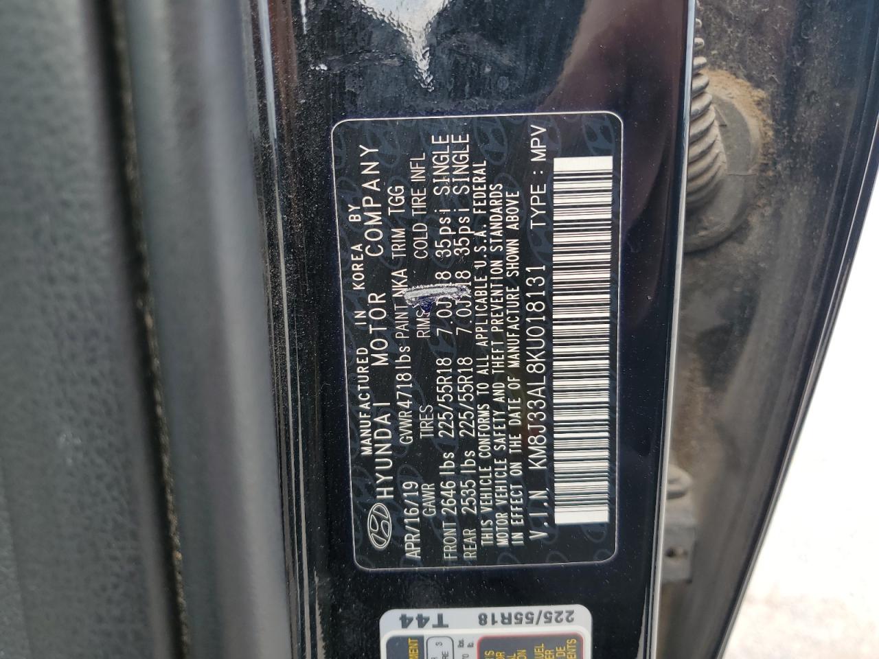 2019 Hyundai Tucson Limited VIN: KM8J33AL8KU018131 Lot: 57641735