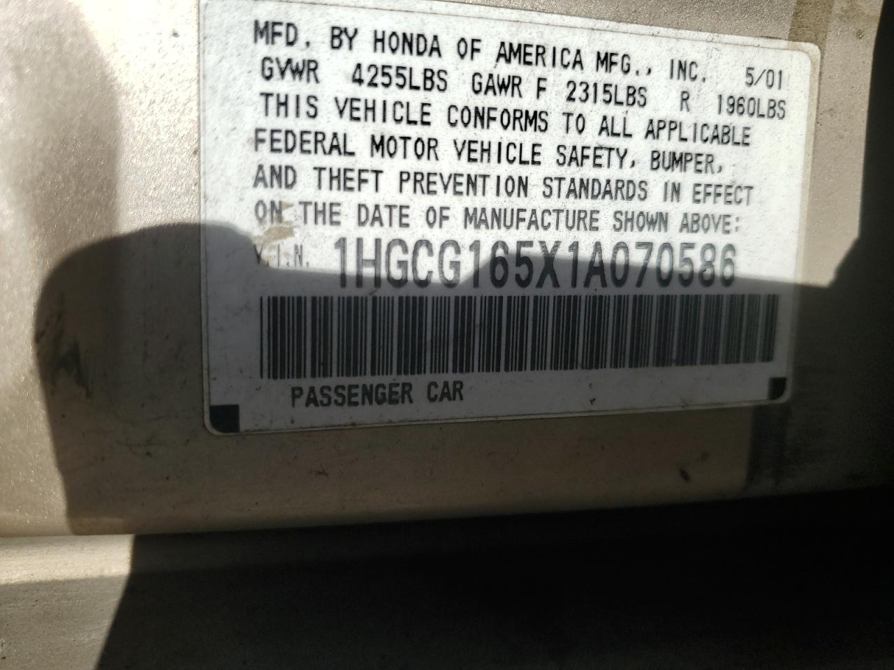 2001 Honda Accord Ex VIN: 1HGCG165X1A070586 Lot: 56165695