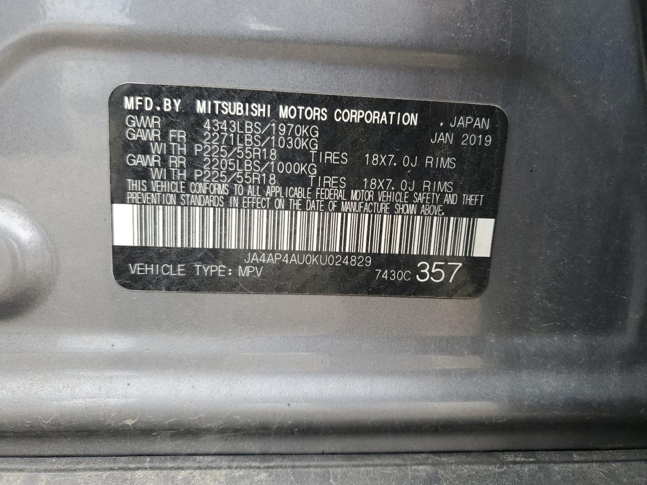 2019 Mitsubishi Outlander Sport Se VIN: JA4AP4AU0KU024829 Lot: 56424845