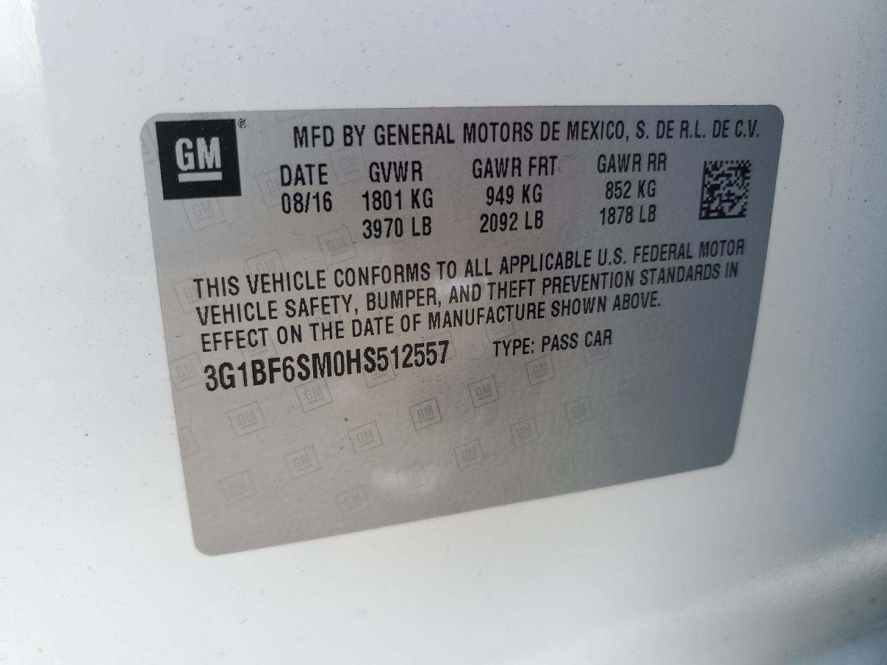 2017 Chevrolet Cruze Premier VIN: 3G1BF6SM0HS512557 Lot: 56016515