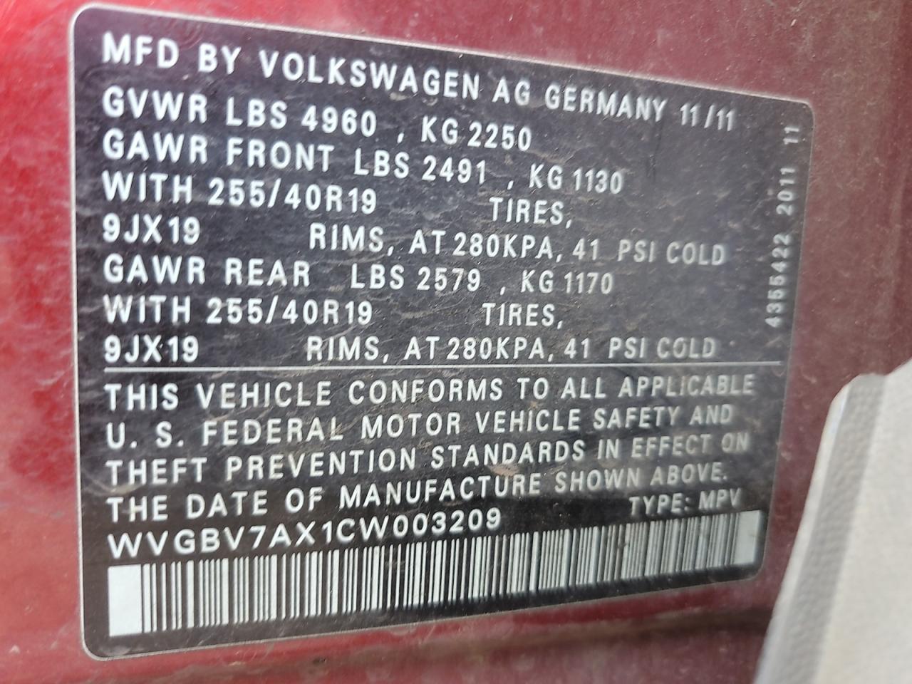 2012 Volkswagen Tiguan S VIN: WVGBV7AX1CW003209 Lot: 56904205