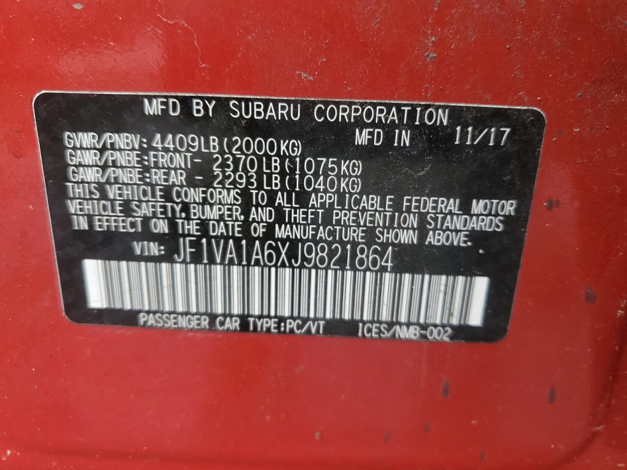 2018 Subaru Wrx VIN: JF1VA1A6XJ9821864 Lot: 57784515