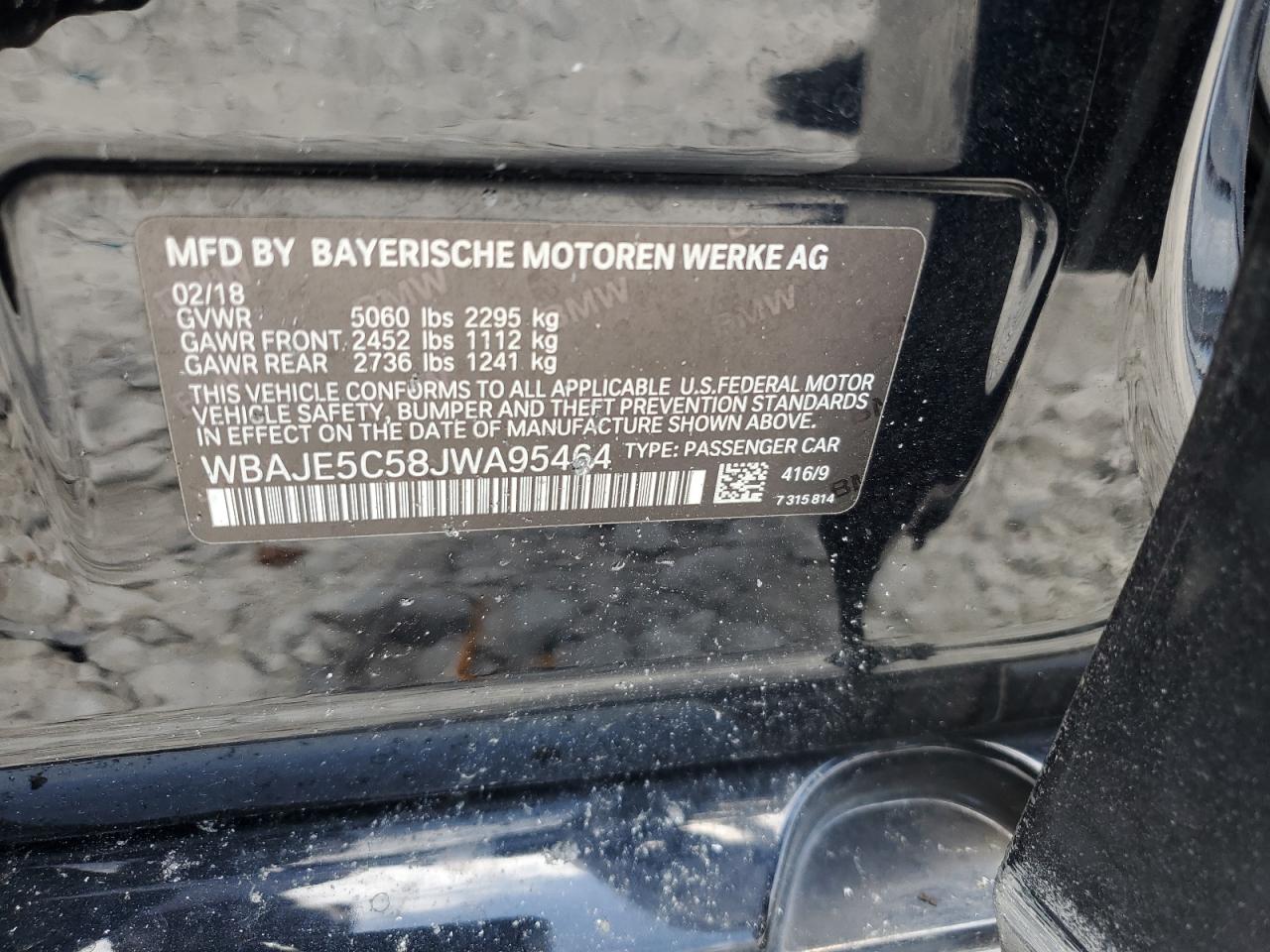 2018 BMW 540 I VIN: WBAJE5C58JWA95464 Lot: 56891305