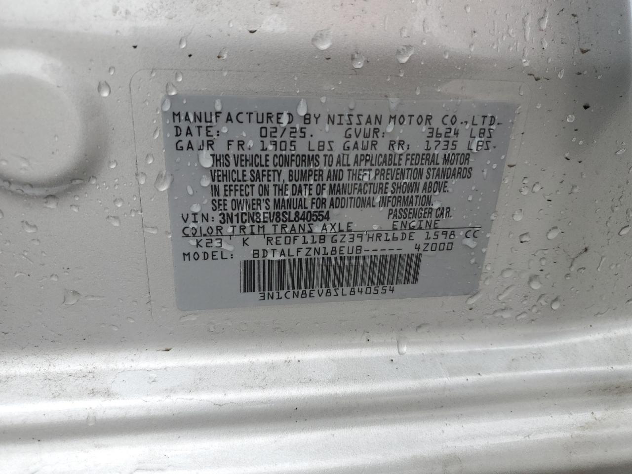 2025 Nissan Versa Sv VIN: 3N1CN8EV8SL840554 Lot: 56436885