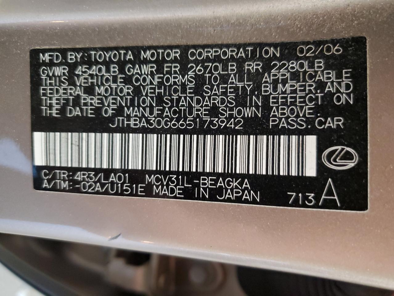 2006 Lexus Es 330 VIN: JTHBA30G665173942 Lot: 56670715