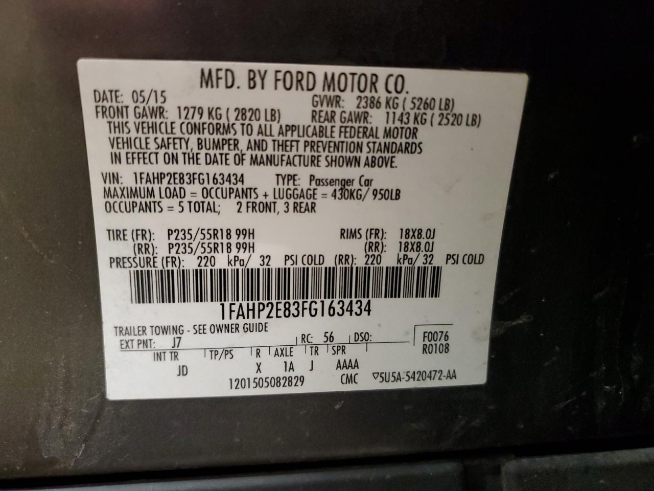 2015 Ford Taurus Sel VIN: 1FAHP2E83FG163434 Lot: 56521265